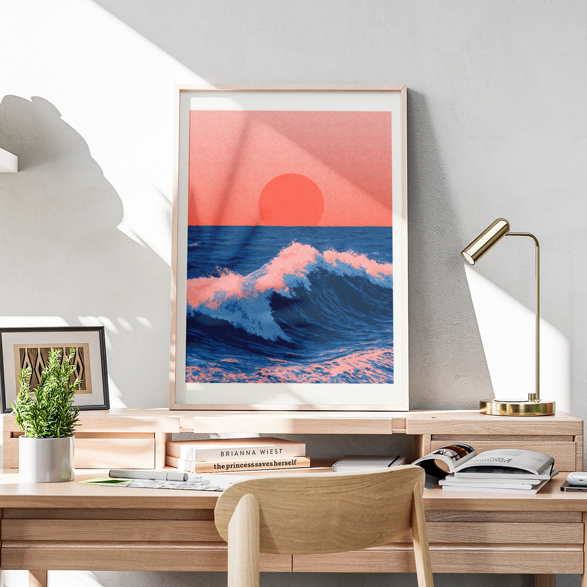 Japanese Sunset Ocean Wave Poster, Coral Pink Navy Blue Sea Wall Art Print