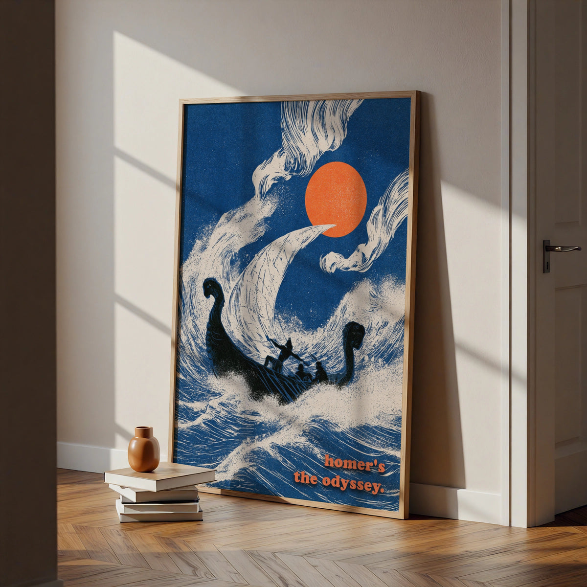 Homer's Odyssey Poster, Greek Mythology Wall Art, Ancient Greek Literature Print, Navy Blue Orange Decor