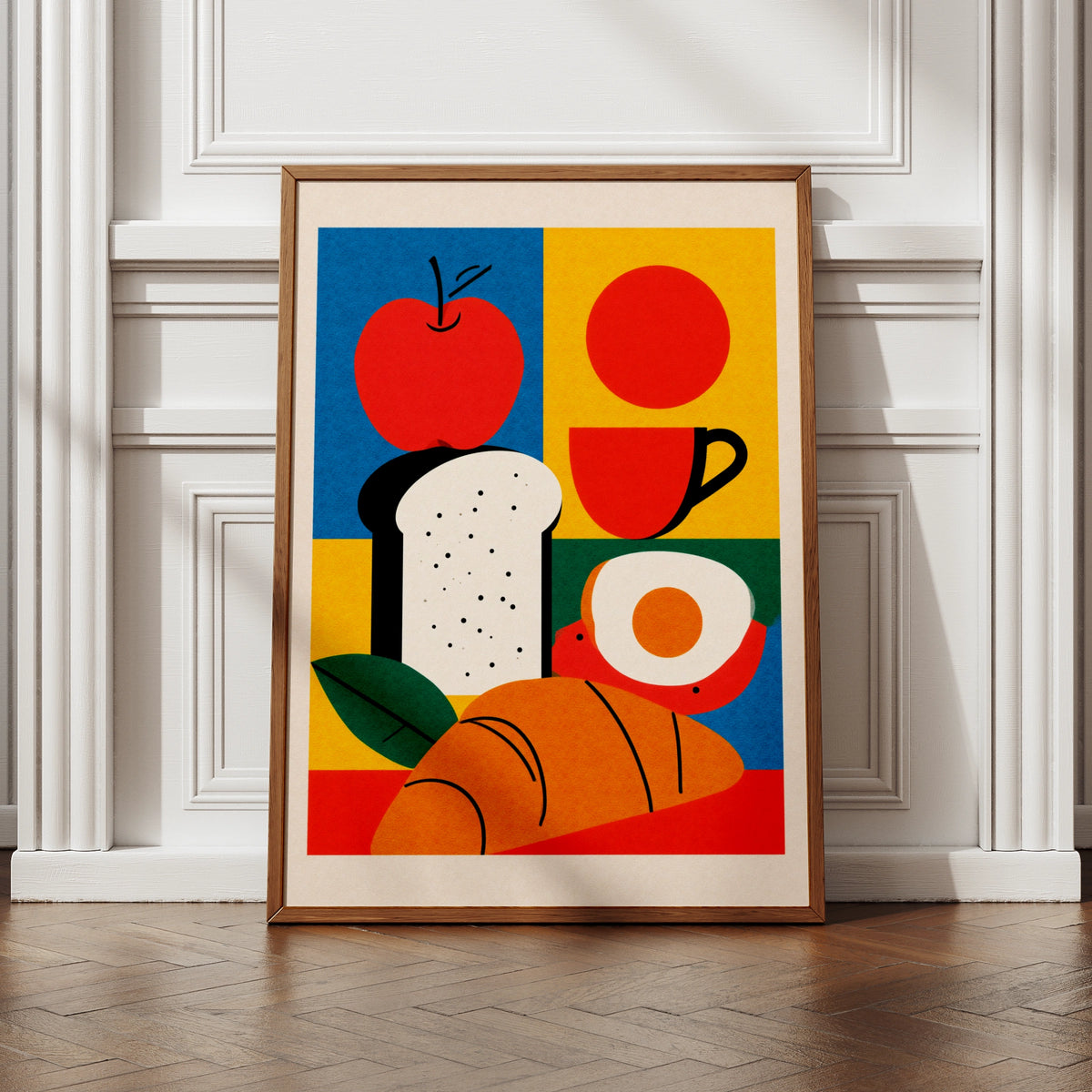 Bakery Breakfast Poster, Bold Retro Kitchen Wall Art, Bread Egg Apple Coffee Print