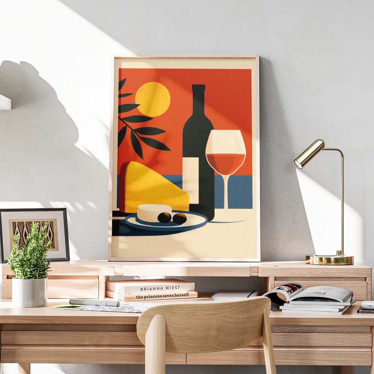Italian Still Life Wine Poster, Cheese & Olives Wall Art, Retro Kitchen Print