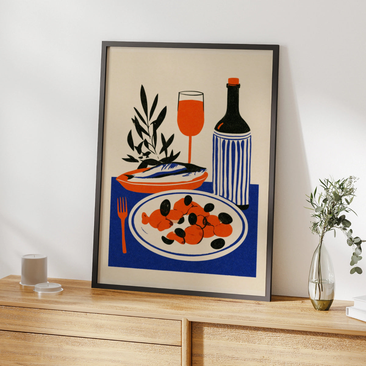 Mediterranean Food Poster, Kitchen Wall Art Print, Olive Fish Wine Illustration