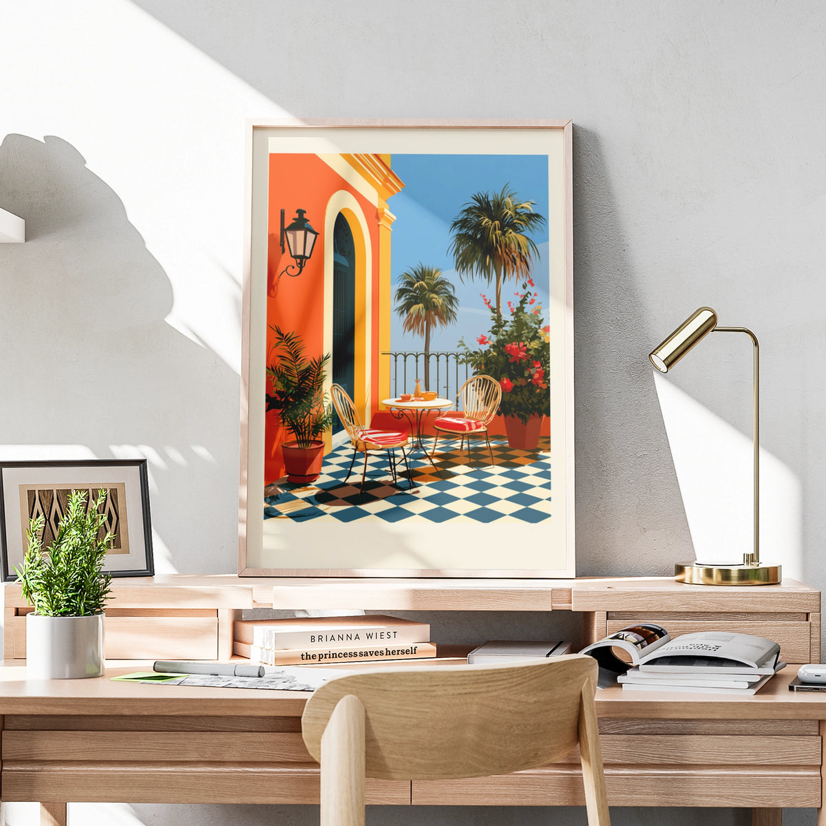 Spanish Terrace Poster, Colourful Mediterranean Wall Art, Retro Travel Print