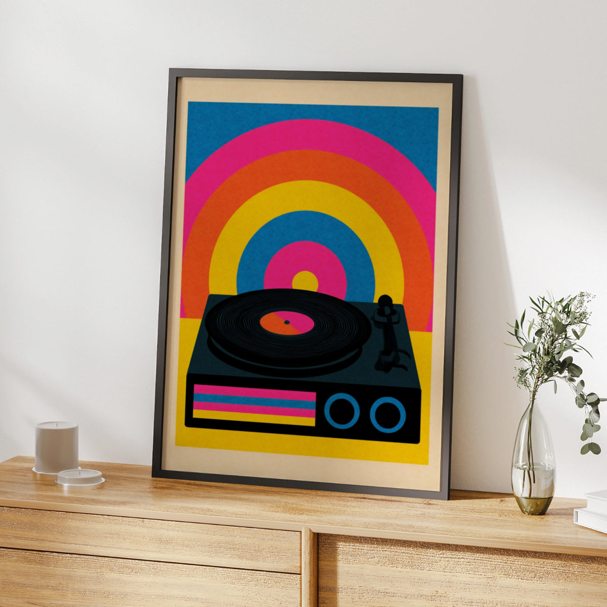 Retro Vinyl Record Player Poster, 70s Rainbow Art Print, Colourful Music Wall Art
