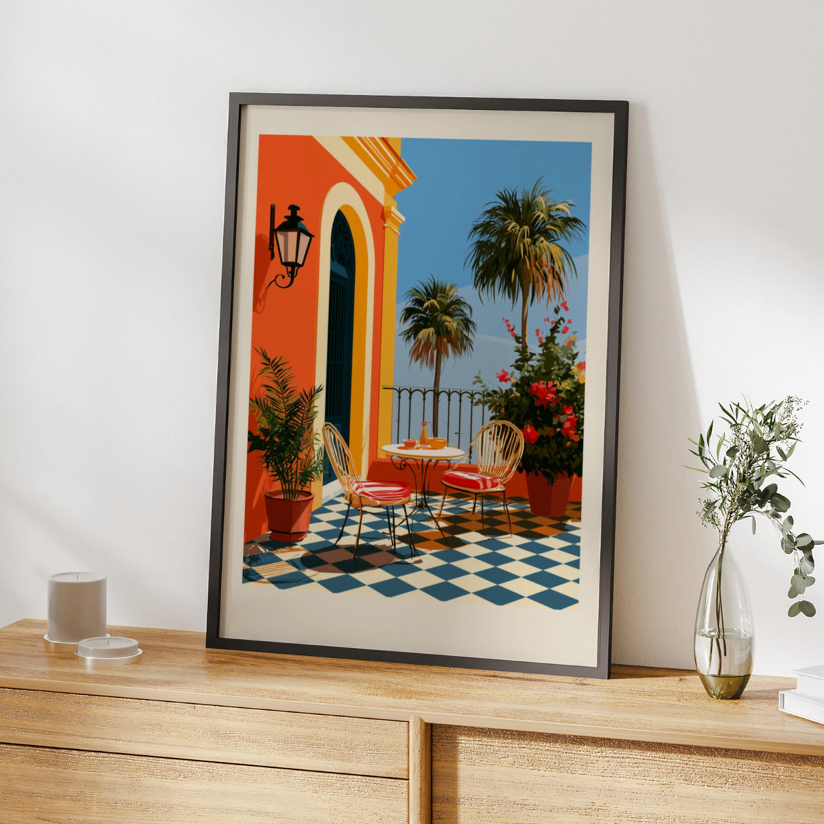 Spanish Terrace Poster, Colourful Mediterranean Wall Art, Retro Travel Print