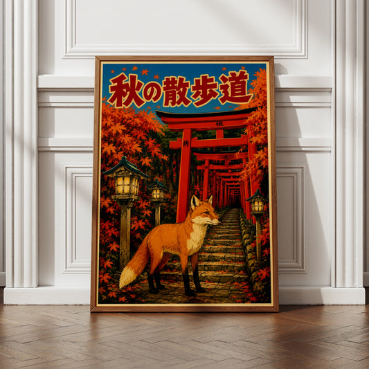 Japanese Fox Poster, Torii Gate Autumn Art Print, Kitsune Wall Art, Japan
