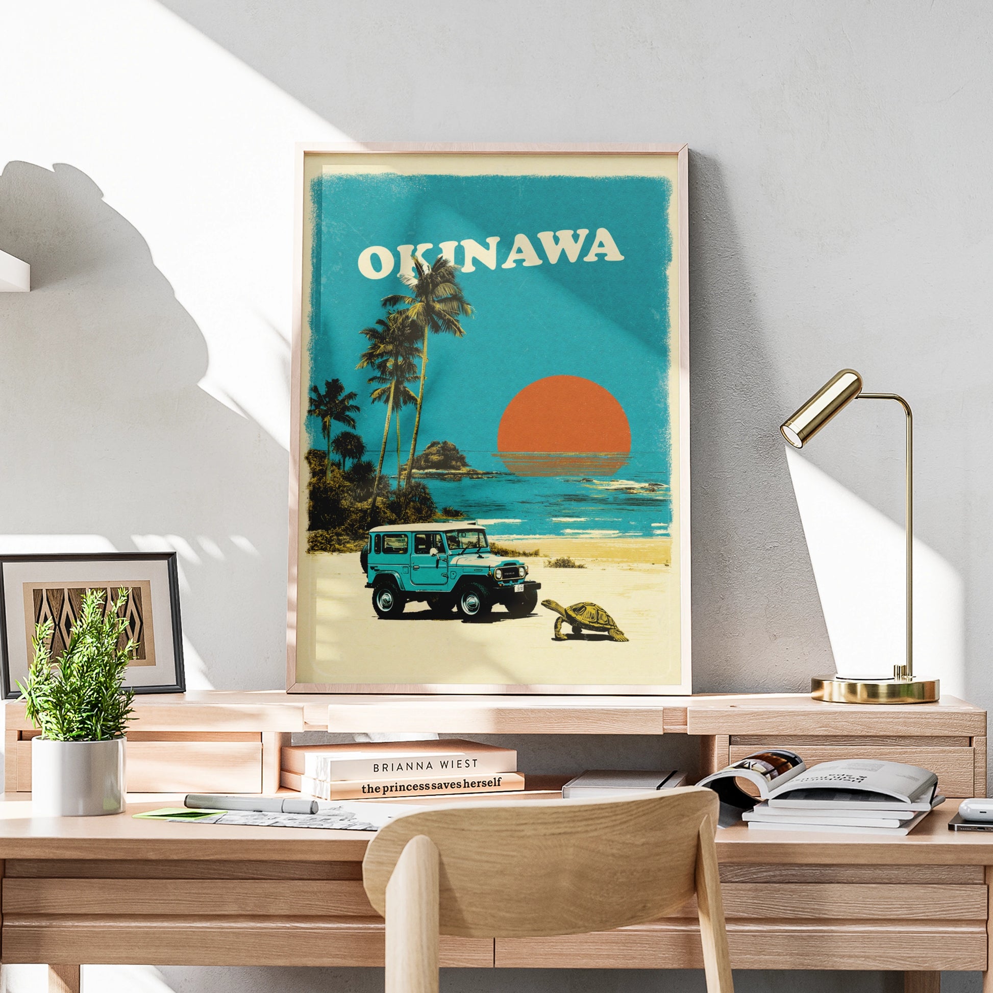 Okinawa Japan Retro Travel Poster, Vintage Beach Wall Art, Sunset 4x4 Print