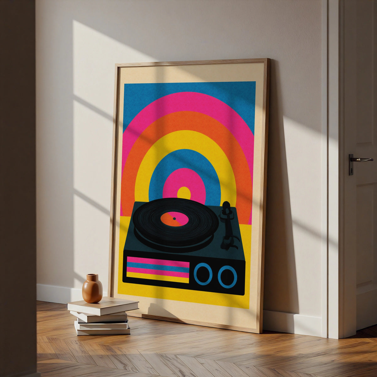 Retro Vinyl Record Player Poster, 70s Rainbow Art Print, Colourful Music Wall Art