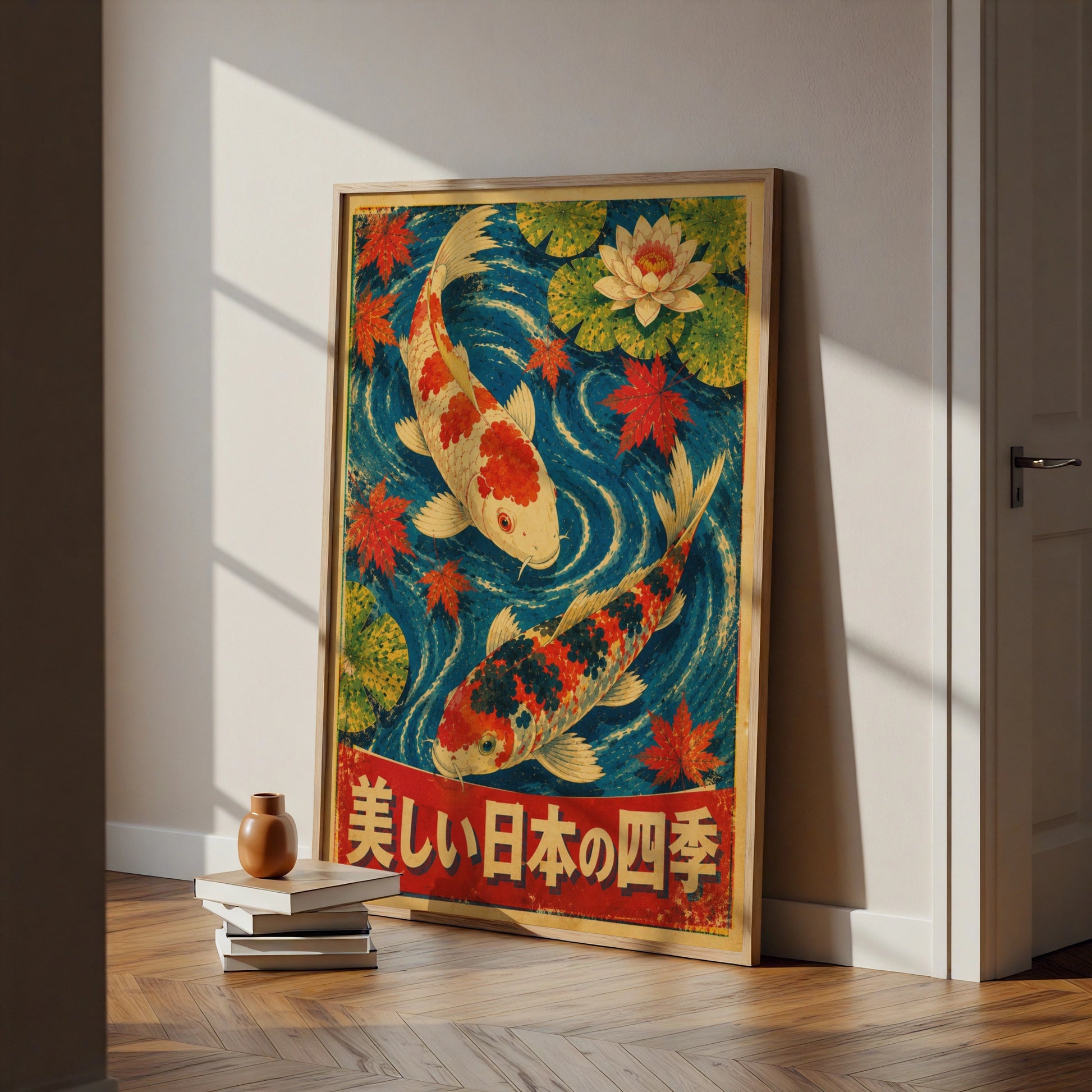 Vintage Japanese Koi Carp Poster, Four Seasons Wall Art, Lotus Maple Leaf Print