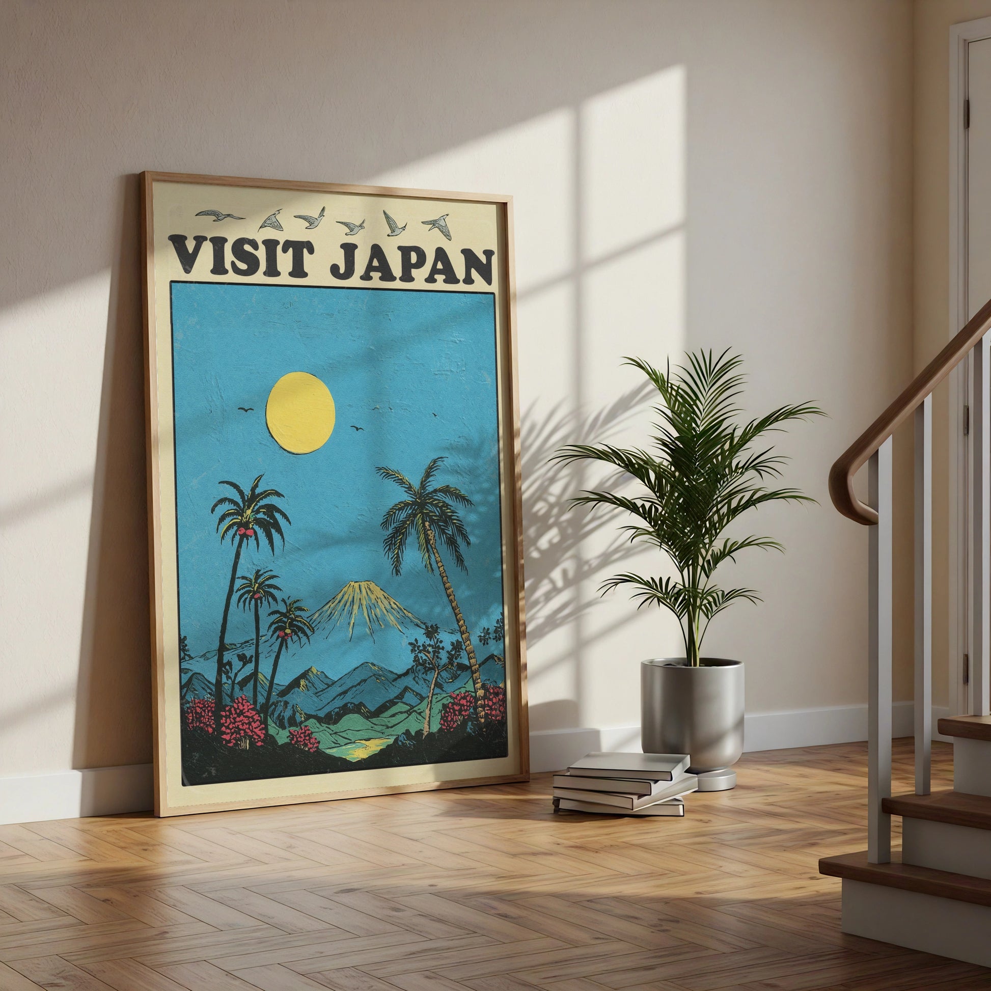 Visit Japan Travel Poster, Mount Fuji Retro Wall Art, Vintage Japan Print, Tropical Blue