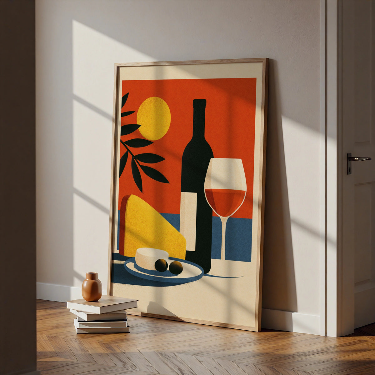 Italian Still Life Wine Poster, Cheese & Olives Wall Art, Retro Kitchen Print