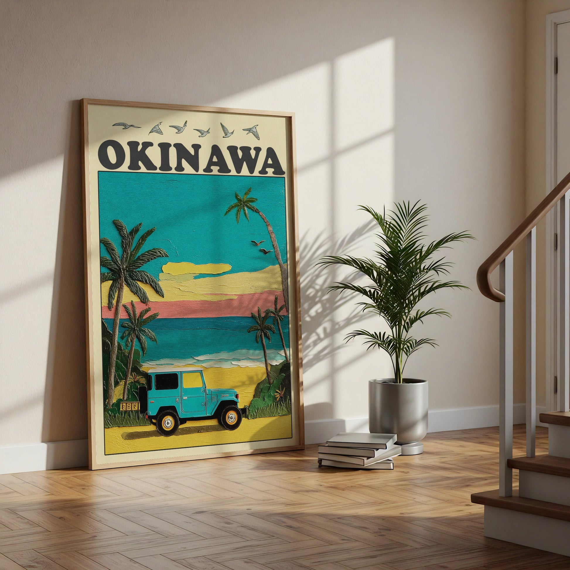 Okinawa Travel Poster, Japan Beach Print, Retro Jeep Wall Art, Vintage Tropical