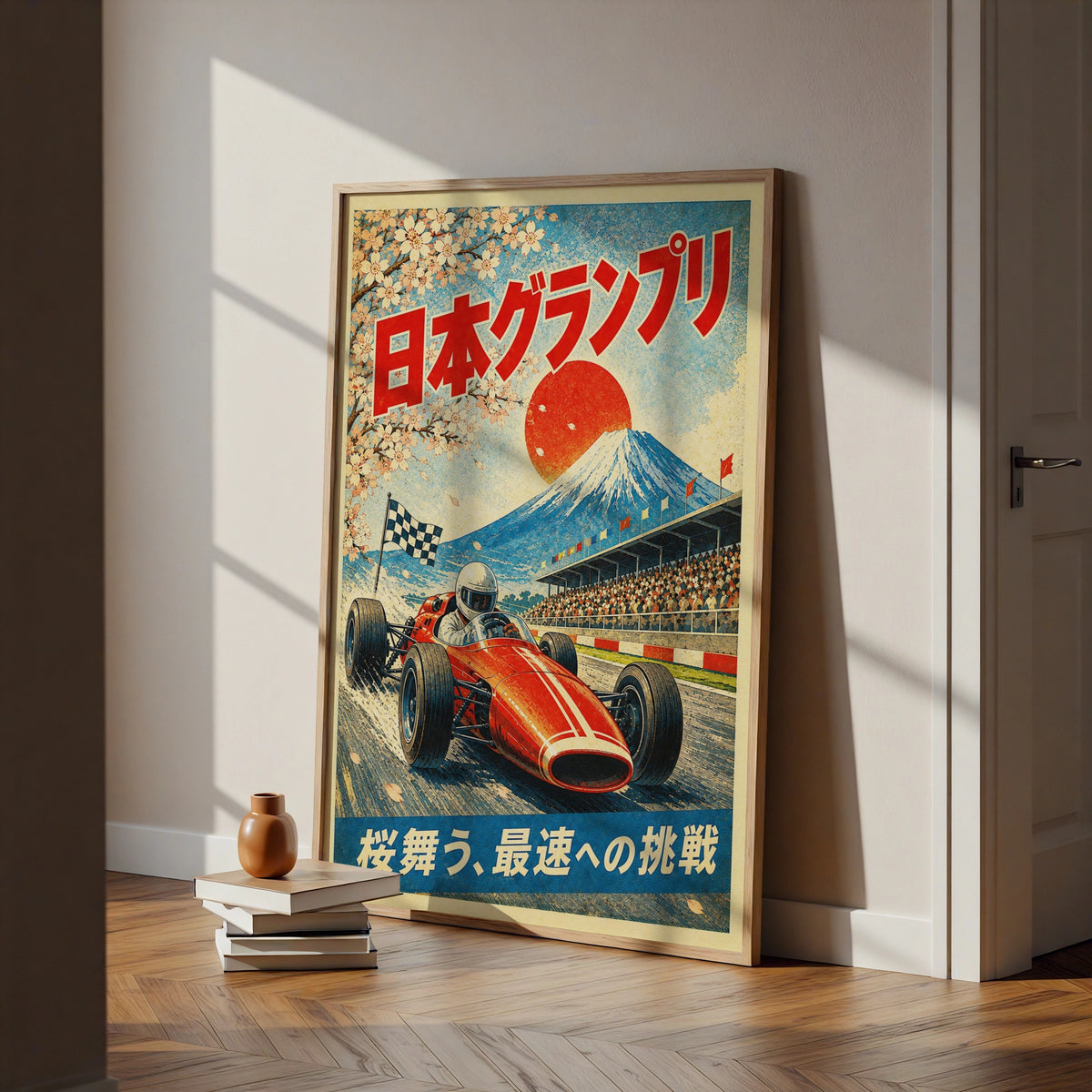 F1 Japan Grand Prix Vintage Poster, Retro Racing Wall Art, Mount Fuji Cherry Blossom Print