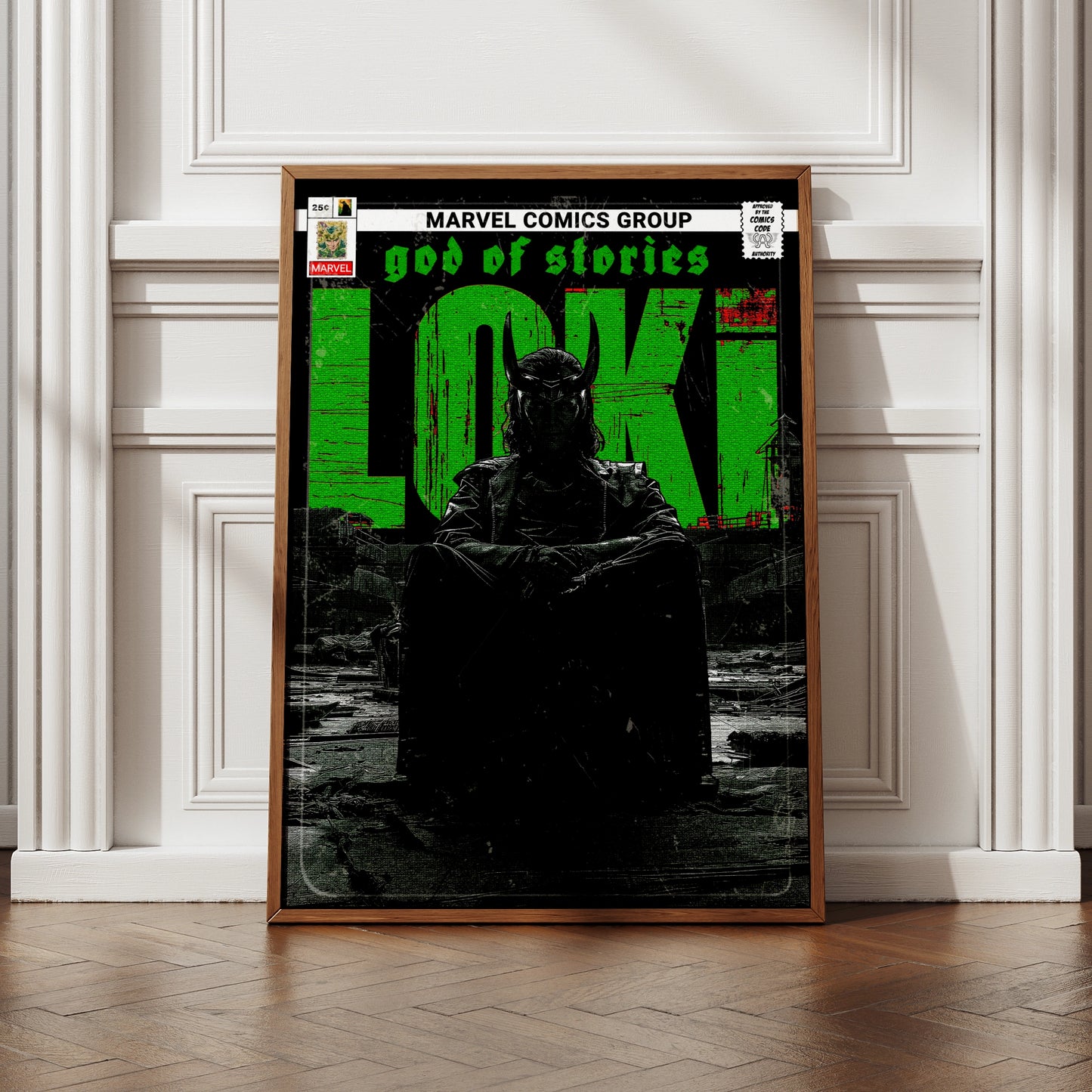 Loki God of Stories Poster, Marvel Comic Book Print, Green Black Wall Art
