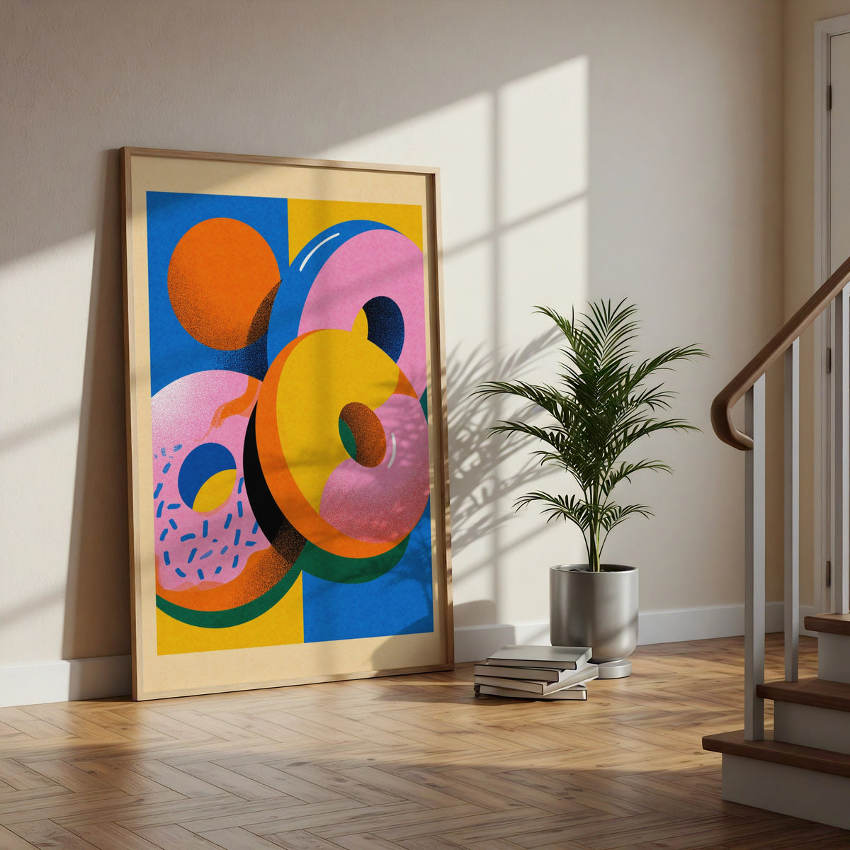Donut Wall Art, Colourful Food Poster, Bold Retro Kitchen Print, Pink Blue Yellow Decor
