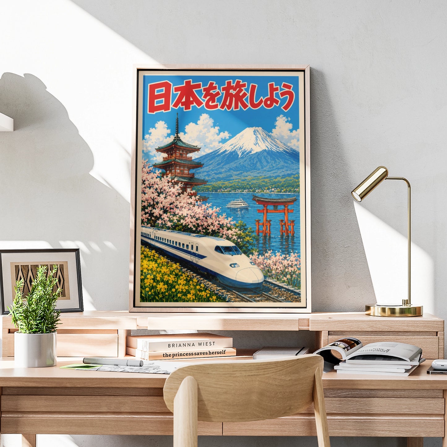 Travel Japan Poster, Mount Fuji Shinkansen Print, Japanese Wall Art, Torii Gate Cherry Blossom
