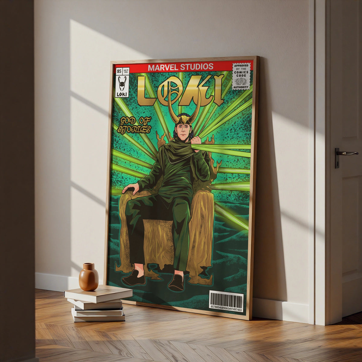 Loki God of Stories Poster, Marvel Comic Book Style Print, Green Gold Wall Art