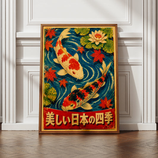 Vintage Japanese Koi Carp Poster, Four Seasons Wall Art, Lotus Maple Leaf Print
