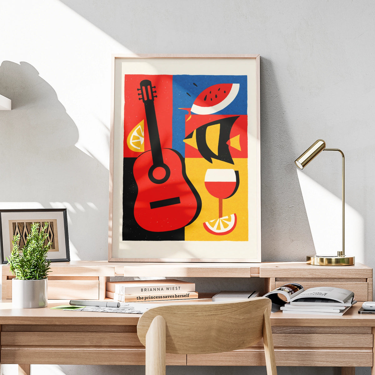 Spanish Tapas Retro Poster, Guitar Wine Fish Art Print, Bold Colour Kitchen Wall Decor