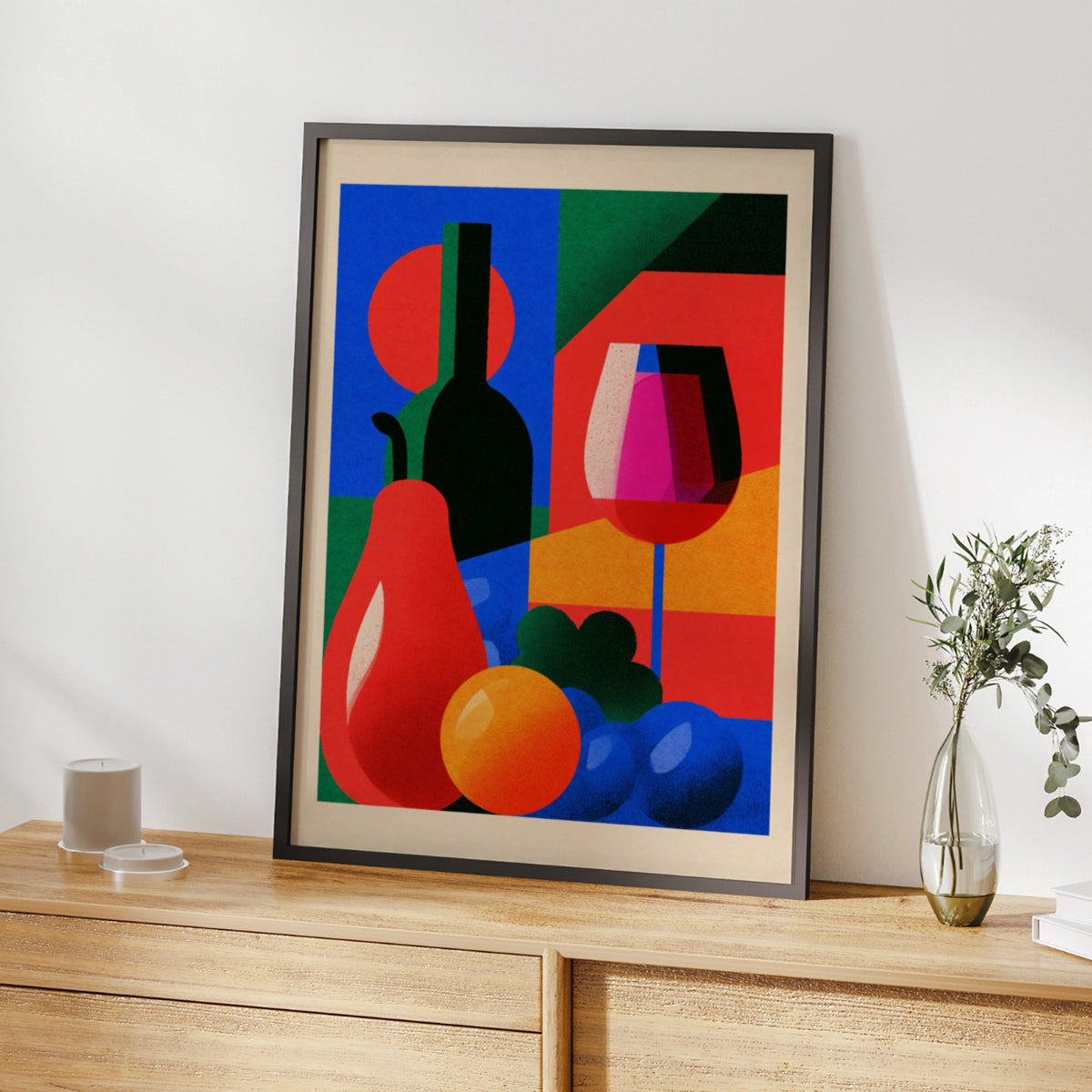 Retro Tapas Wine Poster, Bold Colourful Still Life Wall Art, Kitchen Bar Print