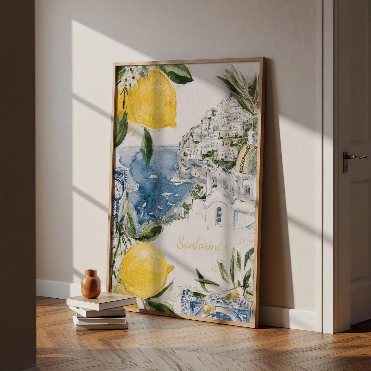 Santorini Watercolour Poster, Greece Travel Wall Art Print, Lemon Blue Mediterranean Decor