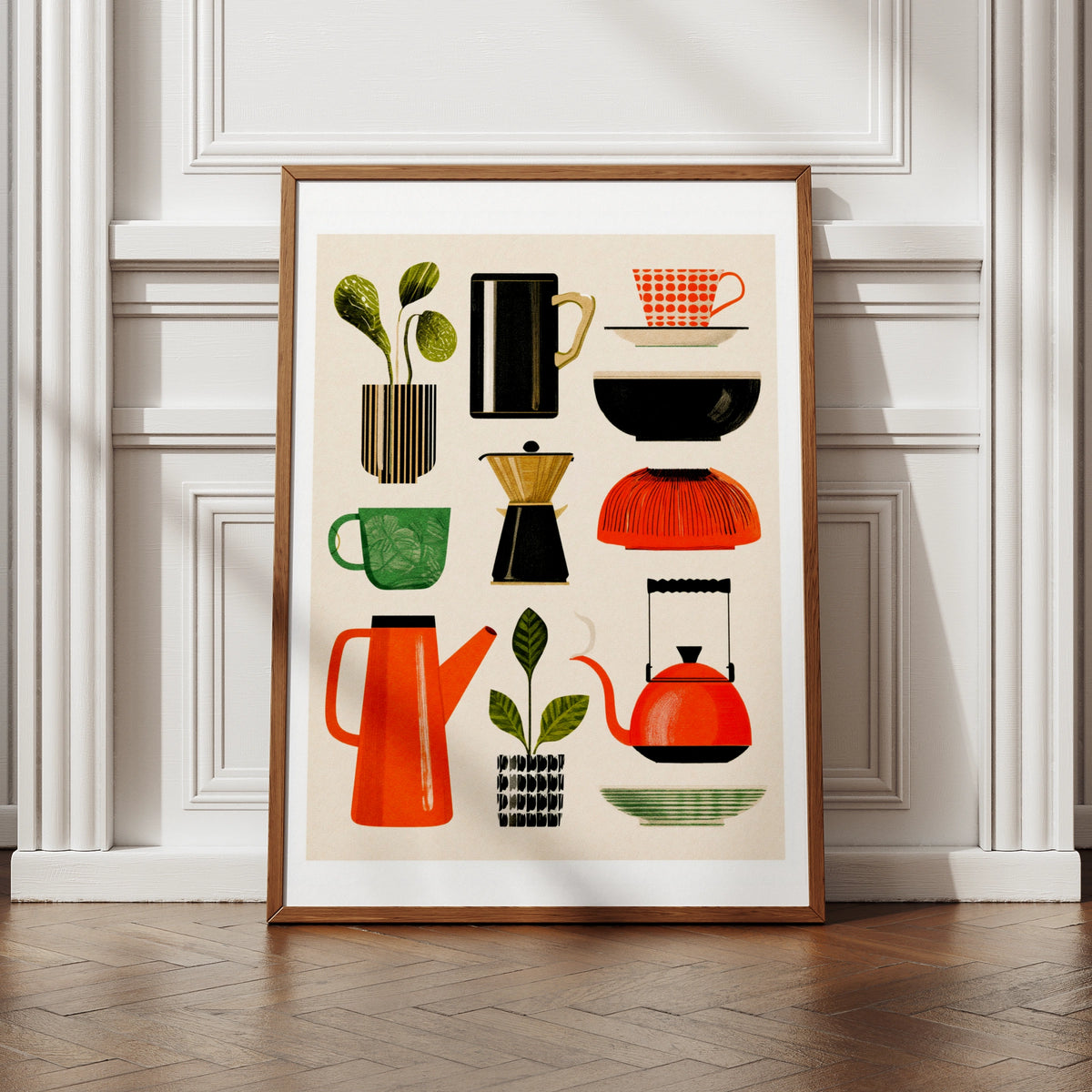 Coffee Selection Art Print, Mid-Century Kitchen Poster, Retro Cafe Wall Art, Bold Colour