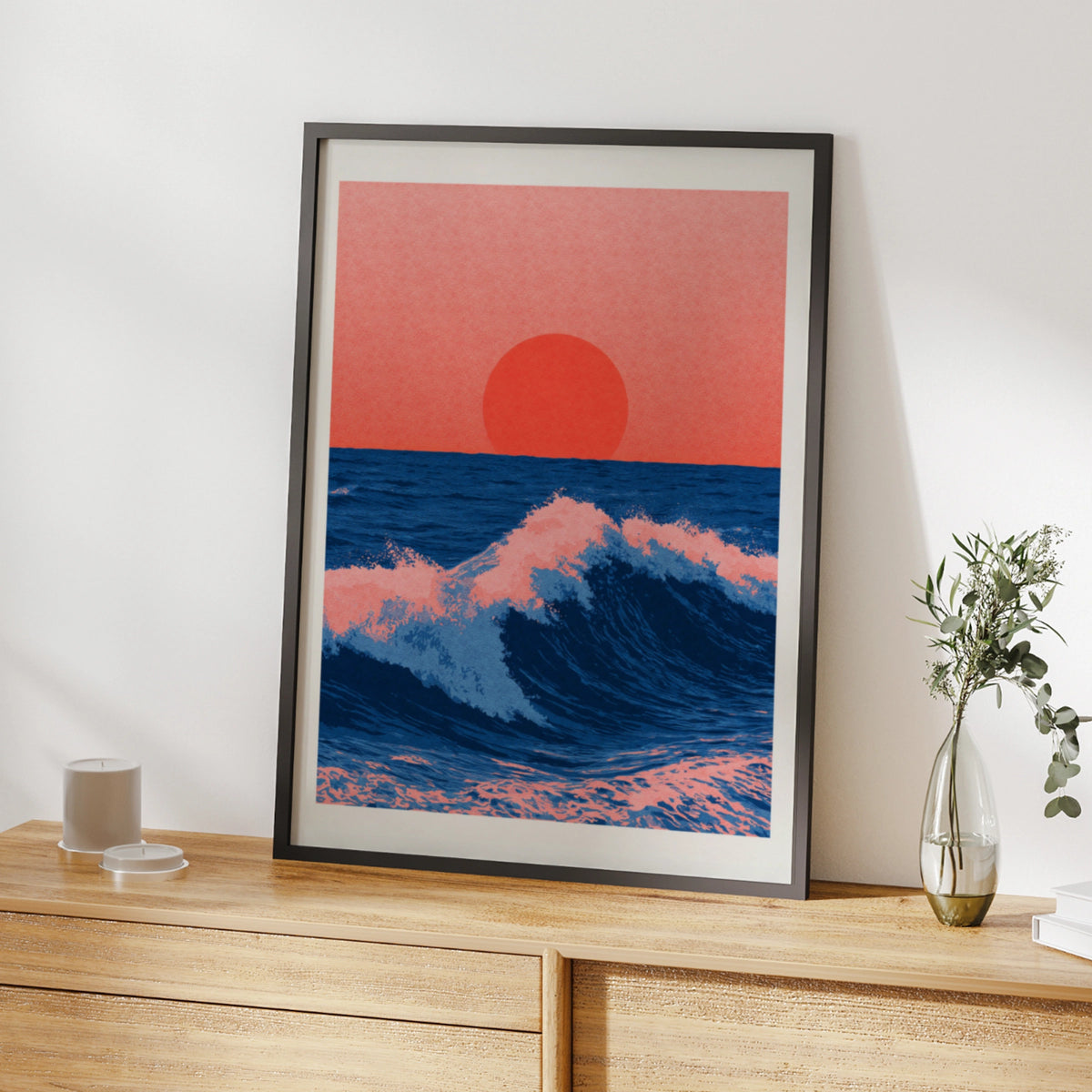 Japanese Sunset Ocean Wave Poster, Coral Pink Navy Blue Sea Wall Art Print
