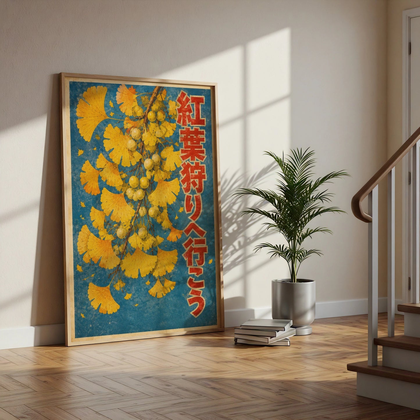 Japanese Ginkgo Leaf Poster, Vintage Autumn Wall Art, Leaf Peeping Kanji Print