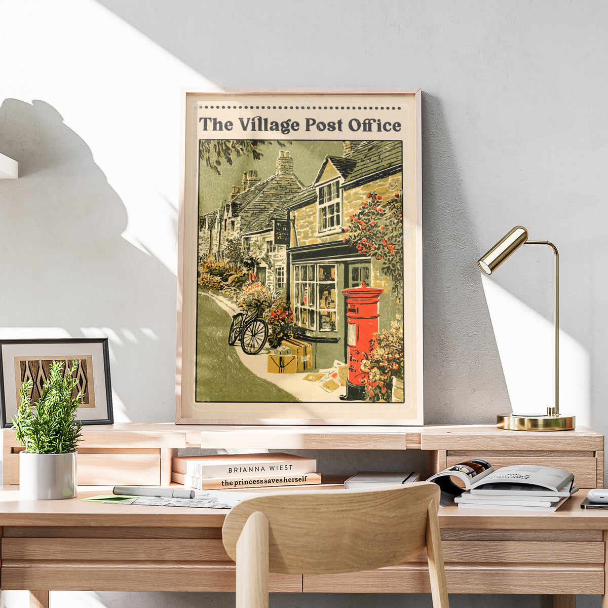 Village Post Office Vintage British Print, Red Postbox Wall Art, Retro English Countryside Poster