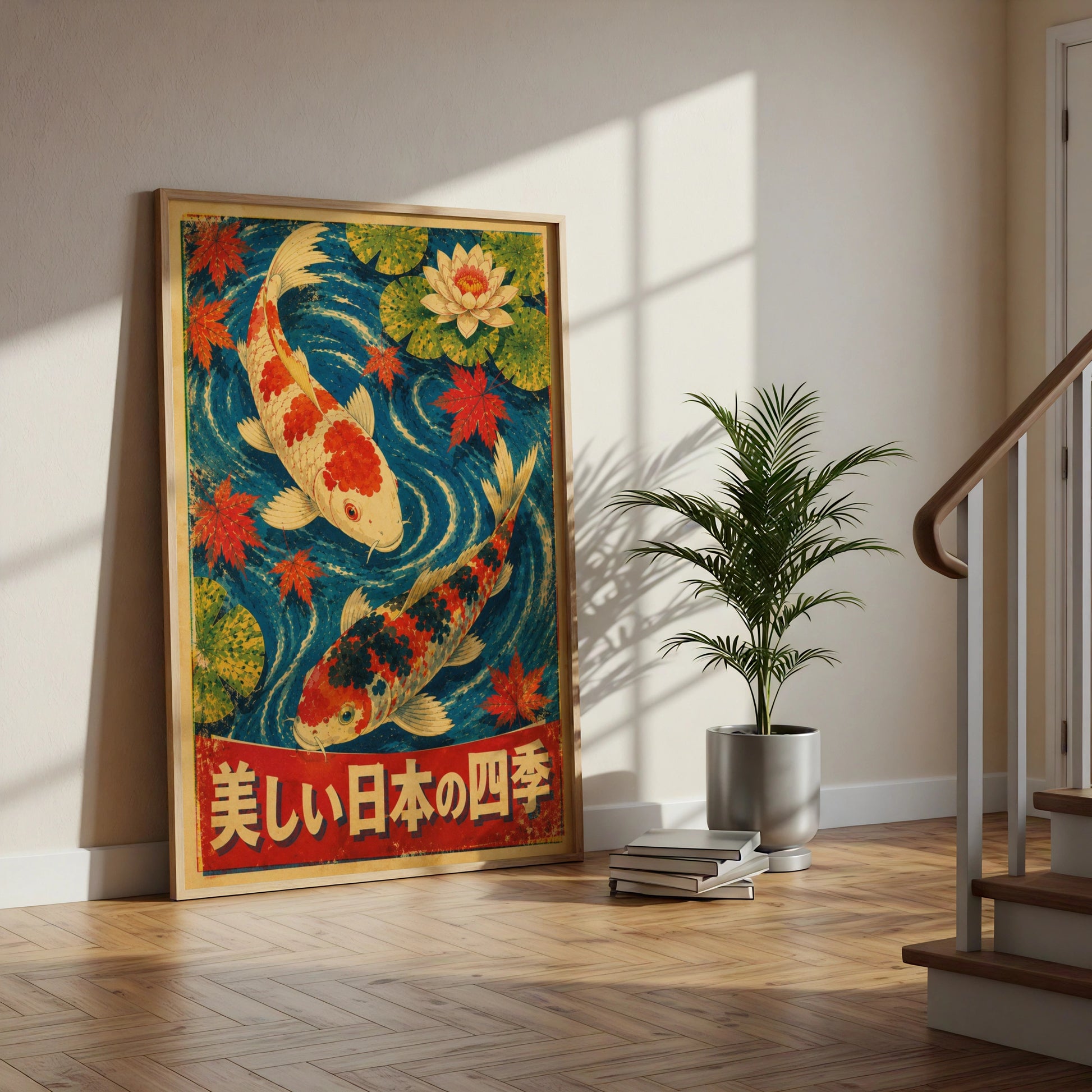 Vintage Japanese Koi Carp Poster, Four Seasons Wall Art, Lotus Maple Leaf Print