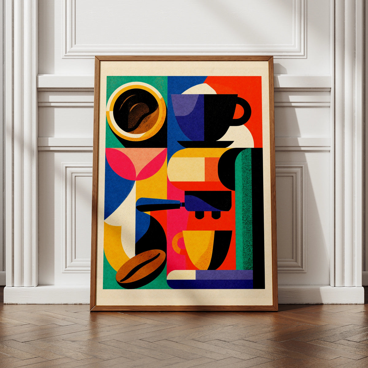 Colourful Coffee Art Print, Bold Geometric Espresso Poster, Kitchen Wall Decor