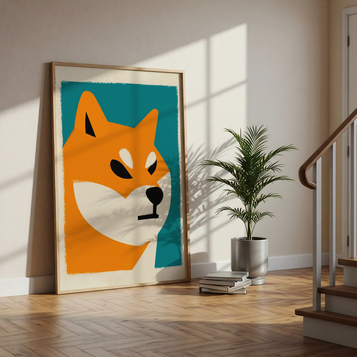 Shiba Inu Poster, Bold Minimalist Dog Wall Art, Teal Orange Print, Japanese Dog Breed
