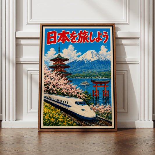 Travel Japan Poster, Mount Fuji Shinkansen Print, Japanese Wall Art, Torii Gate Cherry Blossom