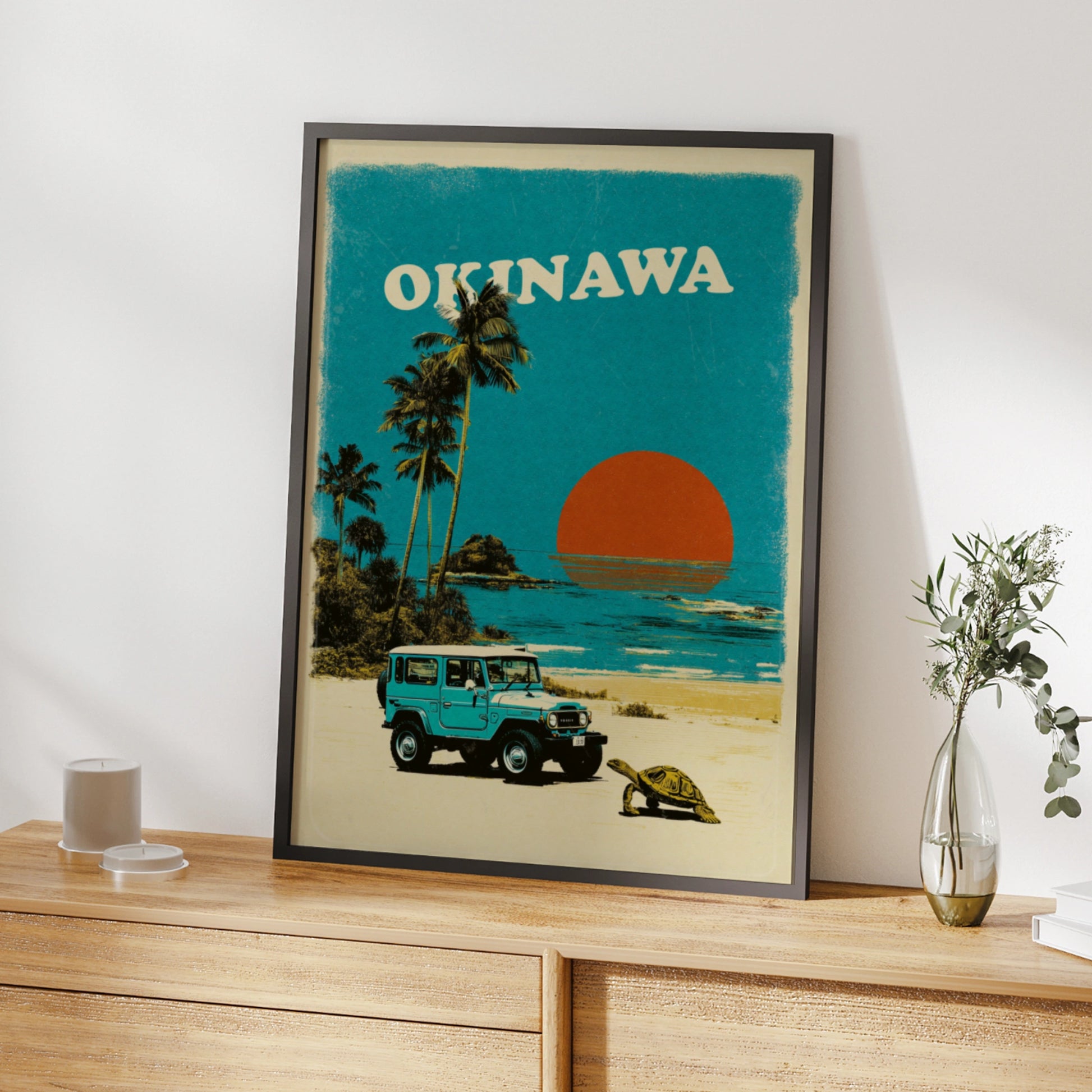 Okinawa Japan Retro Travel Poster, Vintage Beach Wall Art, Sunset 4x4 Print