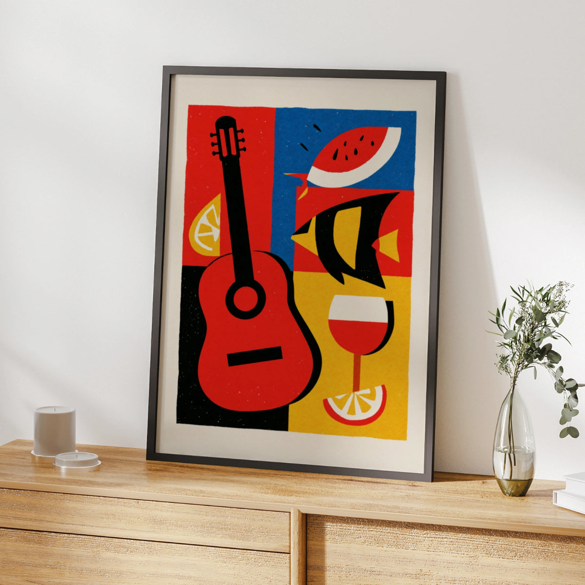 Spanish Tapas Retro Poster, Guitar Wine Fish Art Print, Bold Colour Kitchen Wall Decor