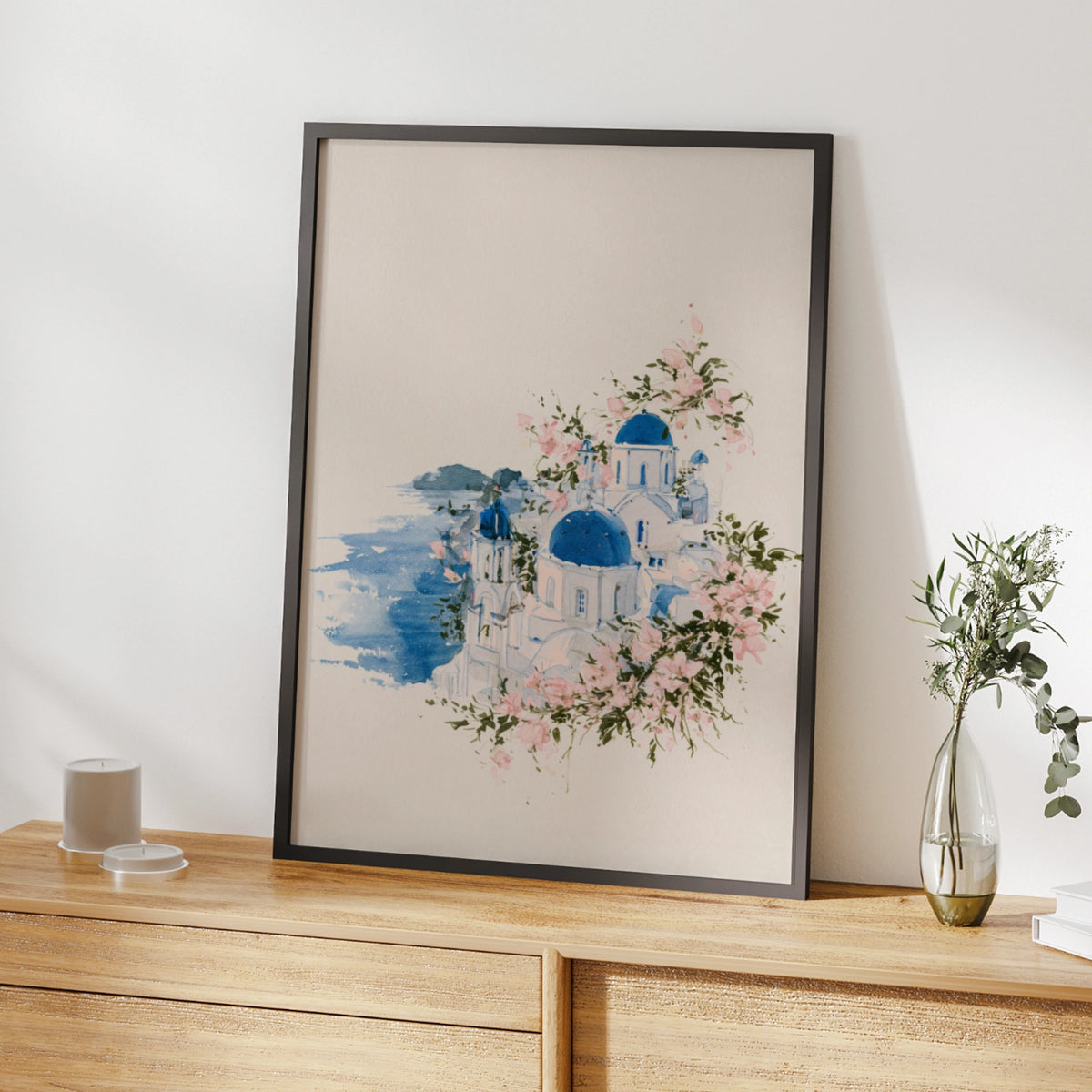 Santorini Watercolour Print, Greek Island Blue Dome Church Floral Wall Art Poster