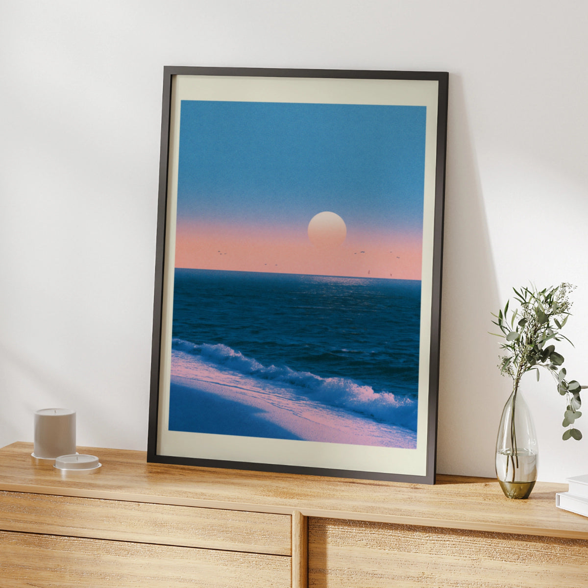 Japanese Sunset Ocean Poster, Pink Blue Seascape Wall Art, Coastal Sun Print