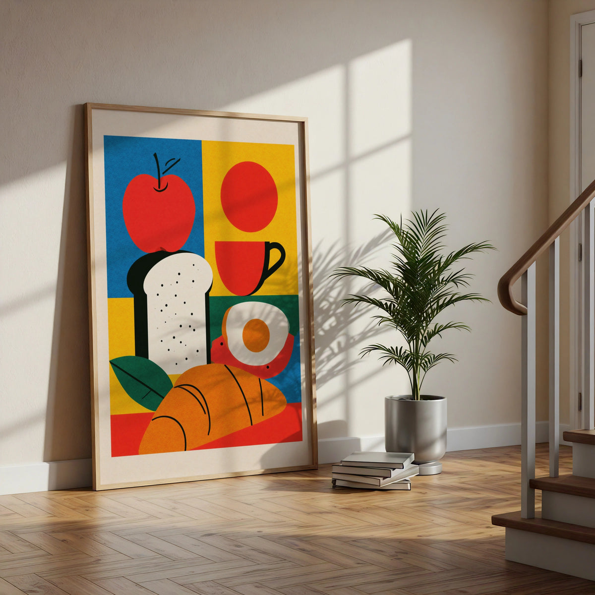 Bakery Breakfast Poster, Bold Retro Kitchen Wall Art, Bread Egg Apple Coffee Print